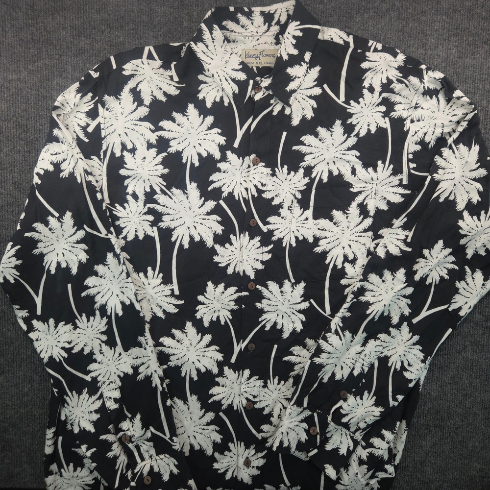 Kenny Flowers Palm Tree Shirt Mens XXL Black White Beachy LS Button Down